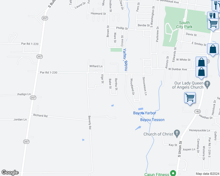 map of restaurants, bars, coffee shops, grocery stores, and more near 2161 Babe Street in Opelousas