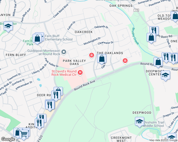 map of restaurants, bars, coffee shops, grocery stores, and more near 401 Oakwood Boulevard in Round Rock