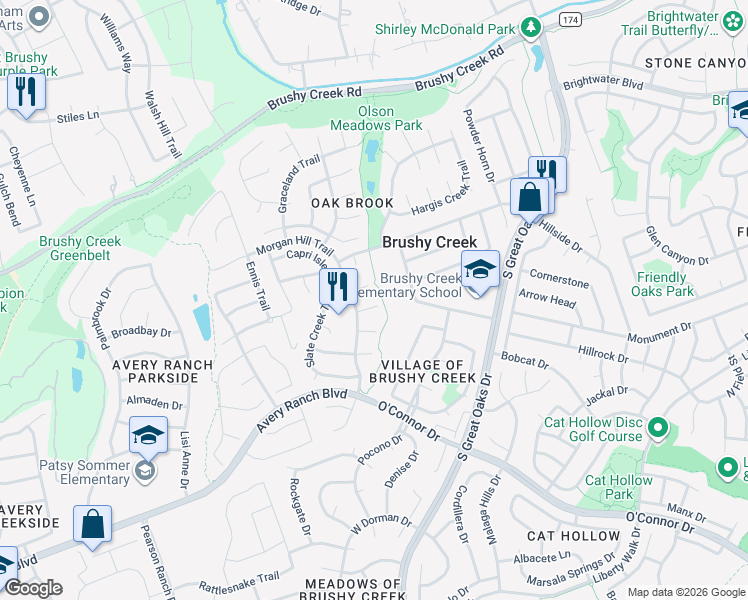 map of restaurants, bars, coffee shops, grocery stores, and more near 9200 Trowbridge Cove in Austin