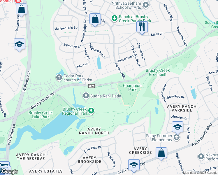 map of restaurants, bars, coffee shops, grocery stores, and more near 3803 County Road 174 in Cedar Park