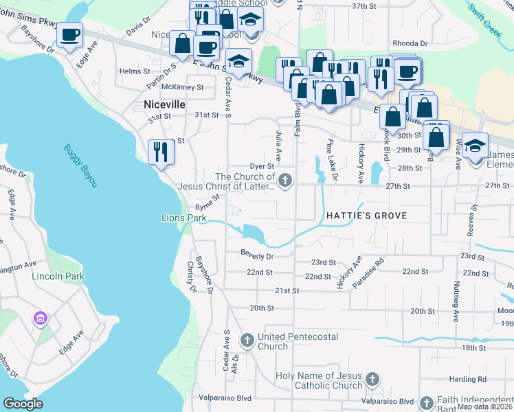 map of restaurants, bars, coffee shops, grocery stores, and more near 1098 Courington Court in Niceville