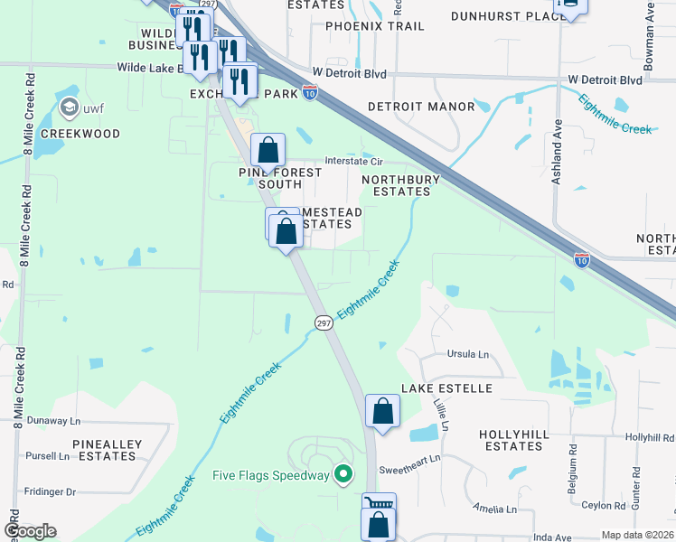 map of restaurants, bars, coffee shops, grocery stores, and more near 7820 Stallworth Lane in Pensacola