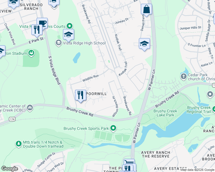 map of restaurants, bars, coffee shops, grocery stores, and more near 805 Wilson Ranch Place in Cedar Park