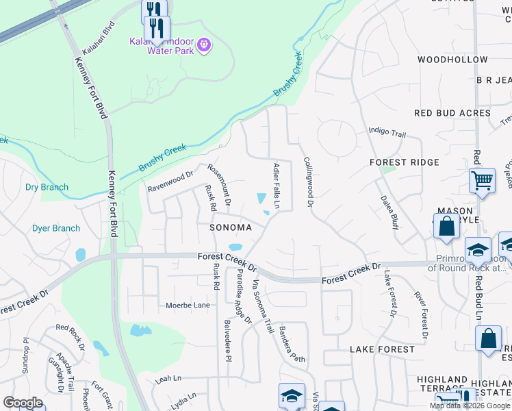 map of restaurants, bars, coffee shops, grocery stores, and more near 2804 Barefoot Lane in Round Rock