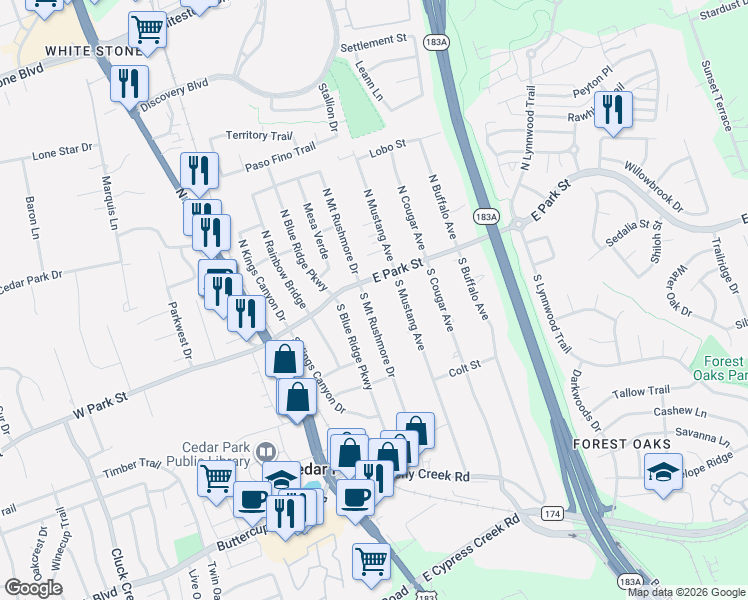 map of restaurants, bars, coffee shops, grocery stores, and more near in Cedar Park