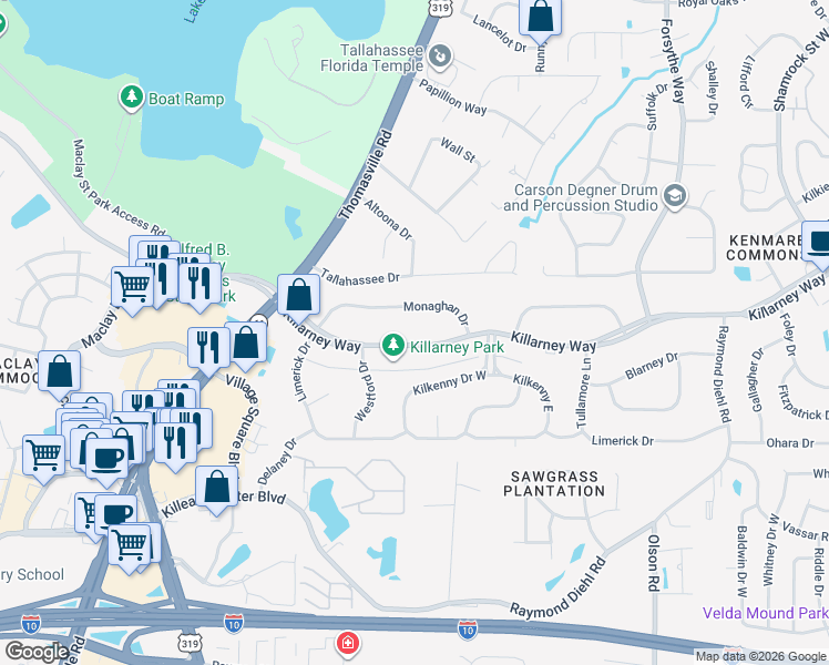 map of restaurants, bars, coffee shops, grocery stores, and more near 2242 Killarney Way in Tallahassee