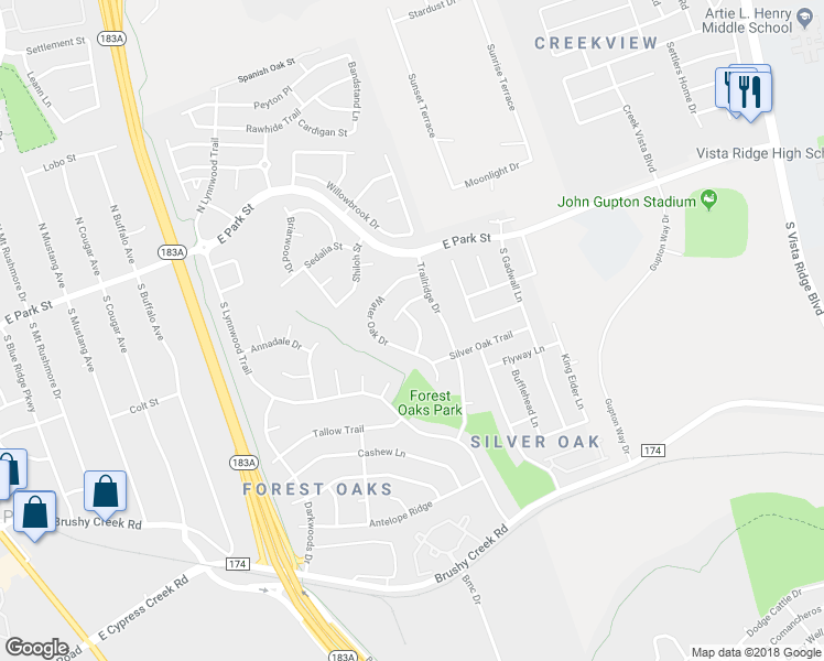 map of restaurants, bars, coffee shops, grocery stores, and more near 205 Pheasant Ridge Drive in Cedar Park