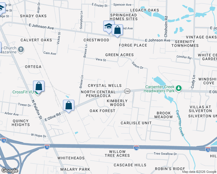 map of restaurants, bars, coffee shops, grocery stores, and more near 8126 Crystal Wells Place in Pensacola