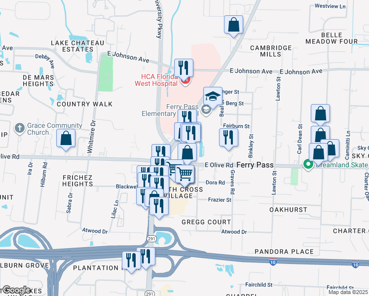 map of restaurants, bars, coffee shops, grocery stores, and more near 8102 North Davis Highway in Pensacola