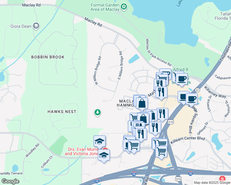 map of restaurants, bars, coffee shops, grocery stores, and more near 3815 West Millers Bridge Road in Tallahassee