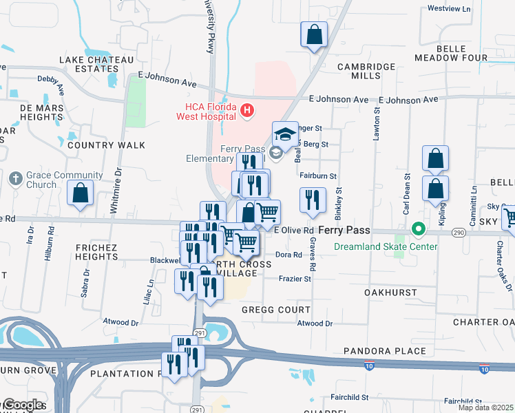 map of restaurants, bars, coffee shops, grocery stores, and more near 8102 N Davis Hwy in Pensacola