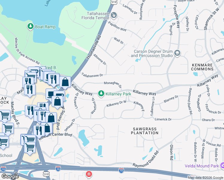 map of restaurants, bars, coffee shops, grocery stores, and more near 2242 Killarney Way in Tallahassee