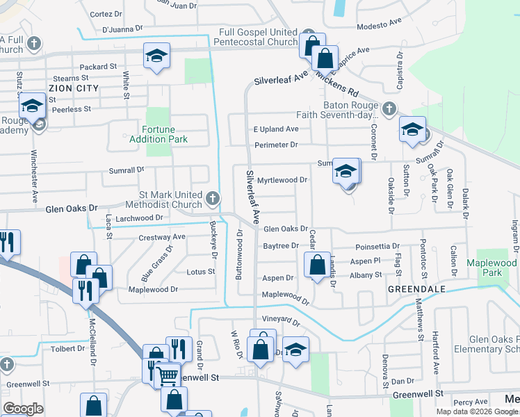 map of restaurants, bars, coffee shops, grocery stores, and more near 6634 Silverleaf Avenue in Baton Rouge