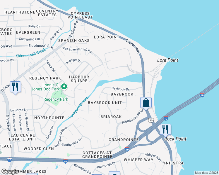 map of restaurants, bars, coffee shops, grocery stores, and more near 4605 Baybrook Drive in Pensacola