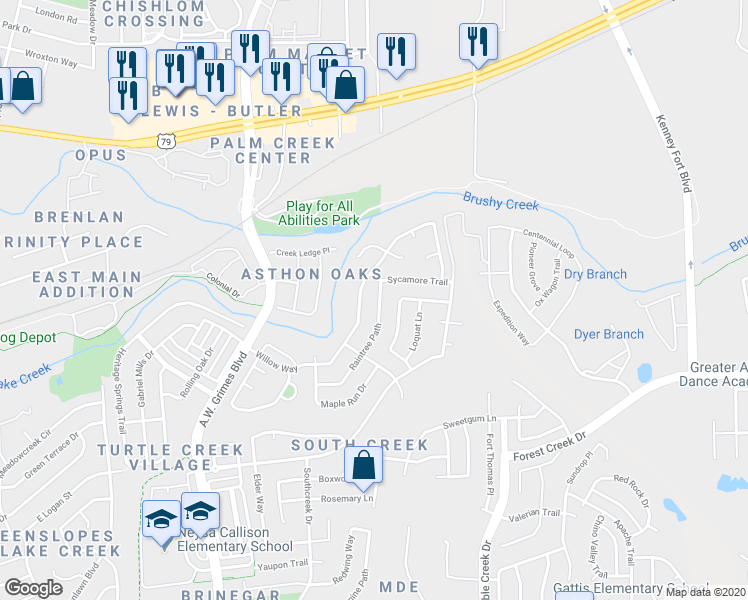 map of restaurants, bars, coffee shops, grocery stores, and more near 2404 Raintree Path in Round Rock