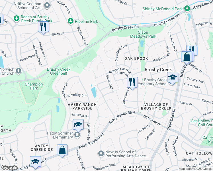 map of restaurants, bars, coffee shops, grocery stores, and more near 16620 Dalmahoy Drive in Austin
