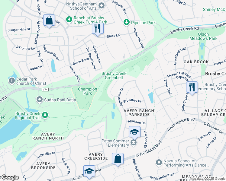 map of restaurants, bars, coffee shops, grocery stores, and more near 16504 Along Creek Cove in Austin