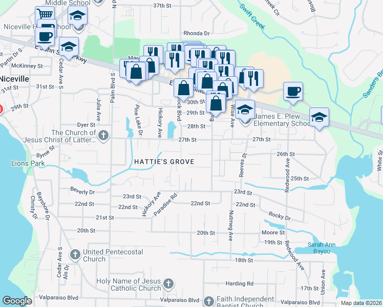 map of restaurants, bars, coffee shops, grocery stores, and more near 1308 Keturah Street in Niceville