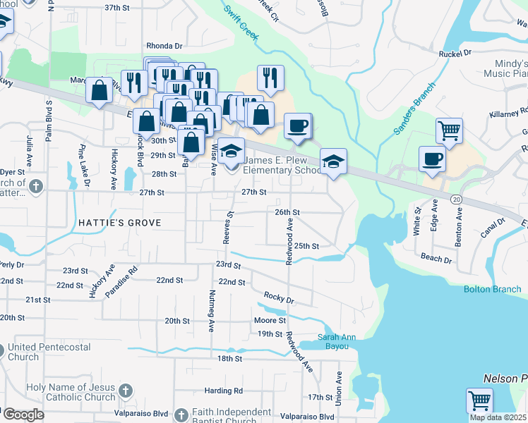 map of restaurants, bars, coffee shops, grocery stores, and more near 1605 26th Street in Niceville