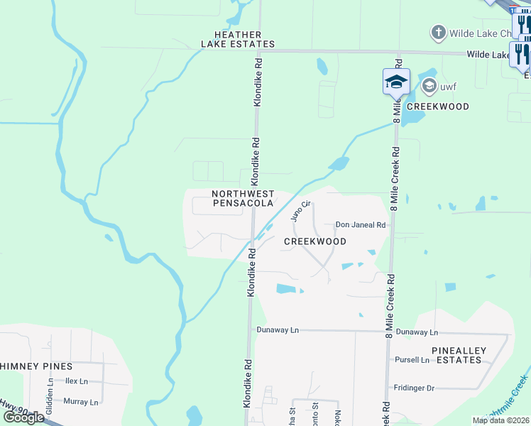 map of restaurants, bars, coffee shops, grocery stores, and more near 4789 Mallard Creek Road in Pensacola