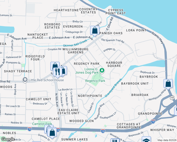 map of restaurants, bars, coffee shops, grocery stores, and more near 7905 Burstaff Road in Pensacola