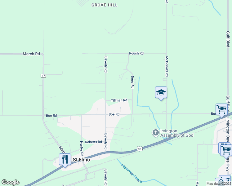 map of restaurants, bars, coffee shops, grocery stores, and more near 8680 Alice Way in Irvington