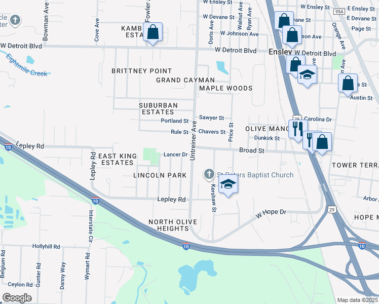 map of restaurants, bars, coffee shops, grocery stores, and more near 1202 Lancer Drive in Pensacola