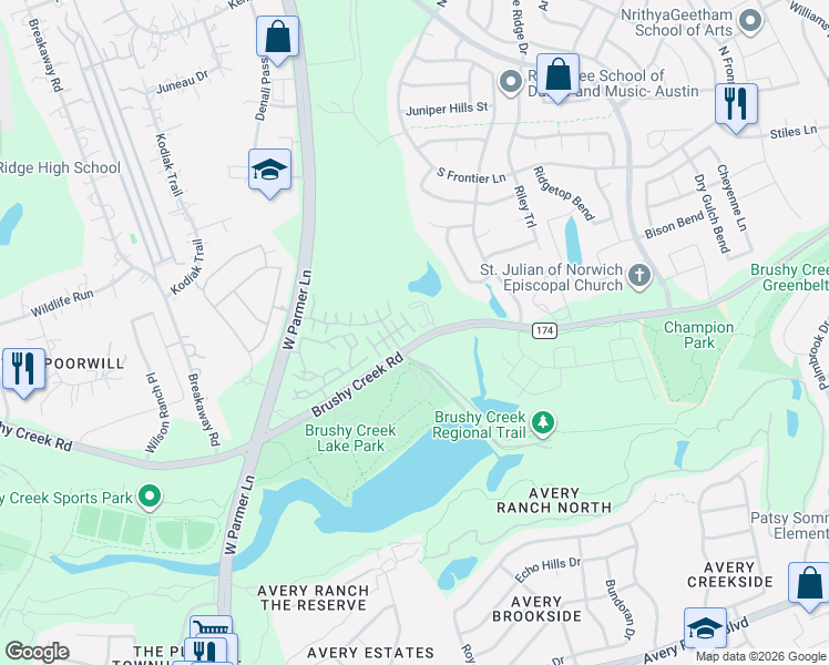map of restaurants, bars, coffee shops, grocery stores, and more near 11400 West Parmer Lane in Cedar Park