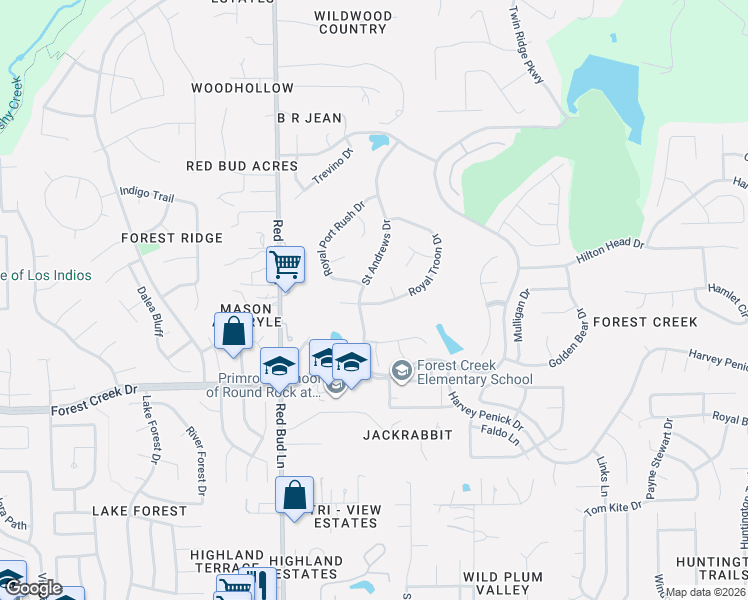 map of restaurants, bars, coffee shops, grocery stores, and more near 3804 Royal Troon Dr in Round Rock