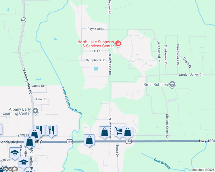 map of restaurants, bars, coffee shops, grocery stores, and more near 30775 Tamjulon Road in Albany
