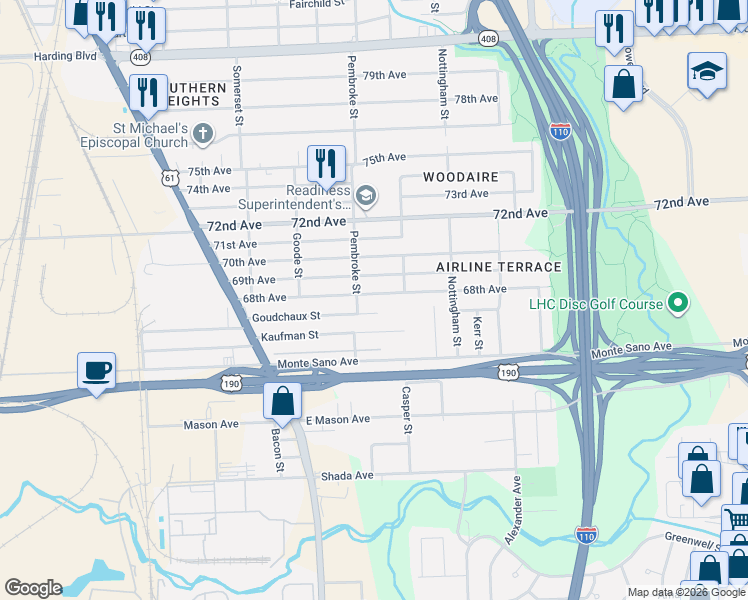map of restaurants, bars, coffee shops, grocery stores, and more near 2438 68th Avenue in Baton Rouge