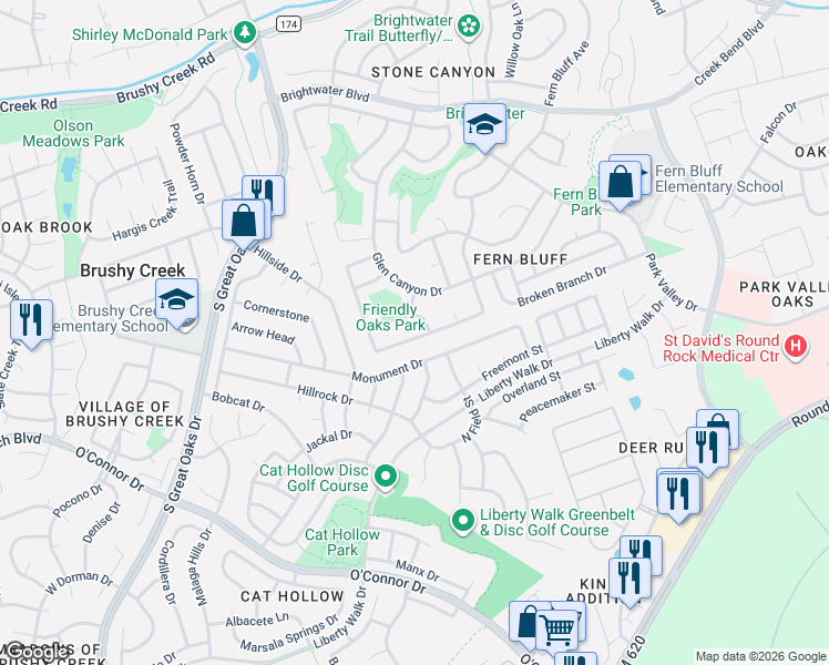 map of restaurants, bars, coffee shops, grocery stores, and more near 17408 Montana Falls Drive in Round Rock