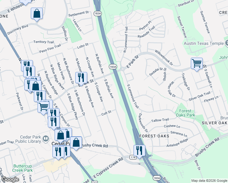 map of restaurants, bars, coffee shops, grocery stores, and more near 204 South Buffalo Avenue in Cedar Park