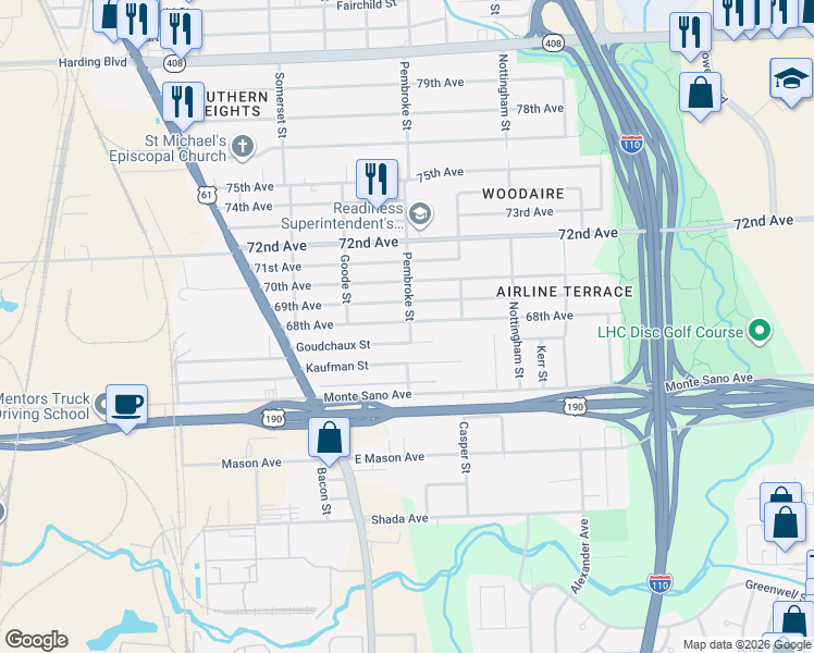 map of restaurants, bars, coffee shops, grocery stores, and more near 2288 68th Avenue in Baton Rouge