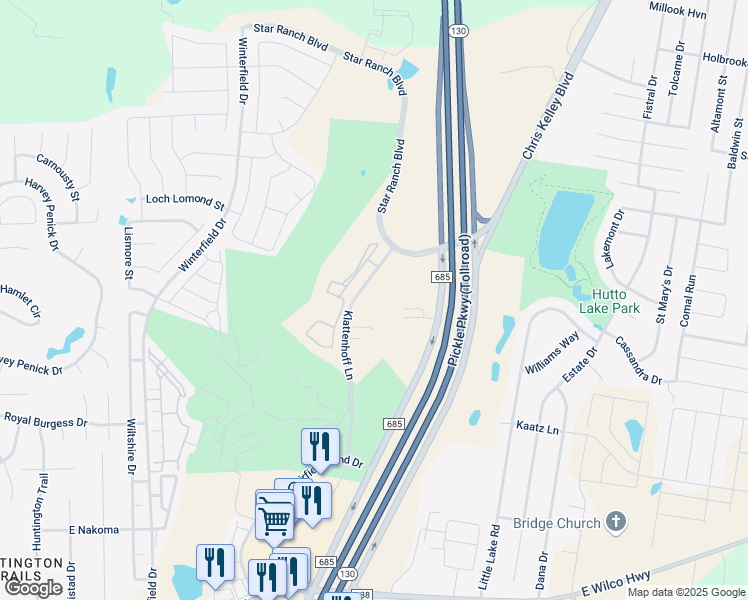 map of restaurants, bars, coffee shops, grocery stores, and more near 149 Klattenhoff Lane in Hutto