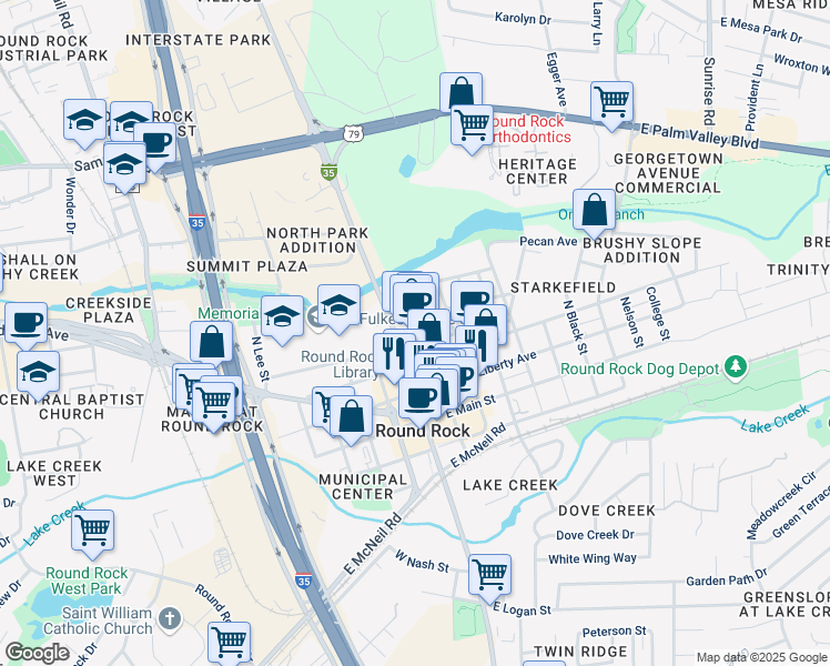 map of restaurants, bars, coffee shops, grocery stores, and more near 202 East Anderson Avenue in Round Rock