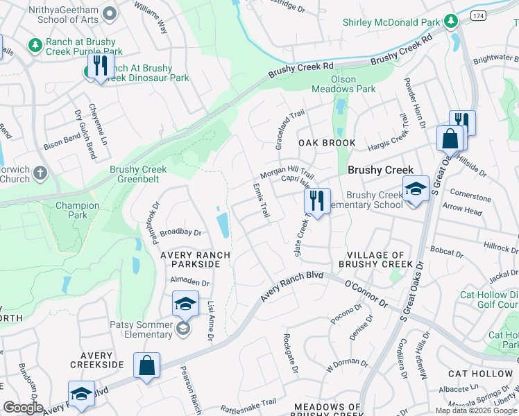 map of restaurants, bars, coffee shops, grocery stores, and more near 16620 Dalmahoy Drive in Austin