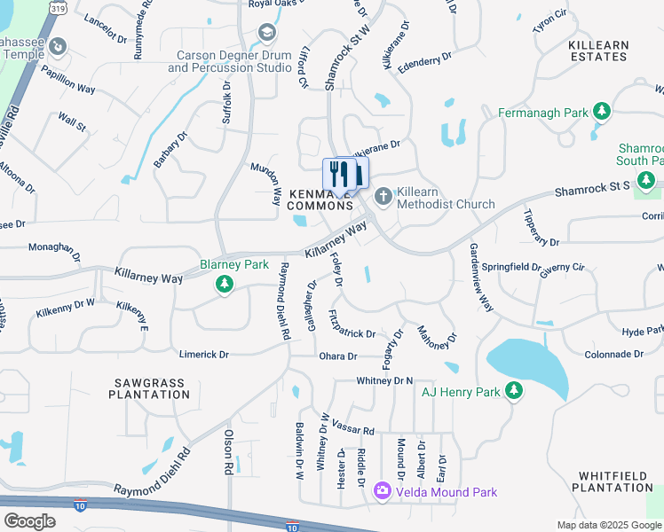 map of restaurants, bars, coffee shops, grocery stores, and more near 3010 Foley Drive in Tallahassee