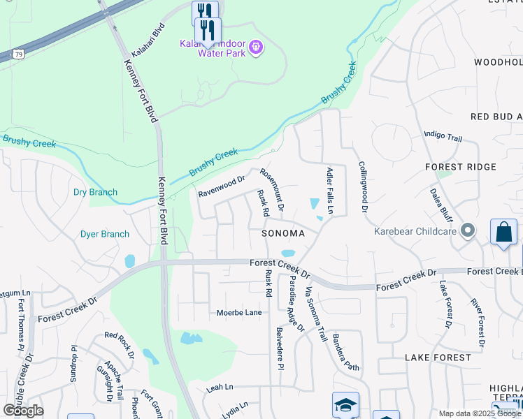 map of restaurants, bars, coffee shops, grocery stores, and more near 832 Rusk Road in Round Rock