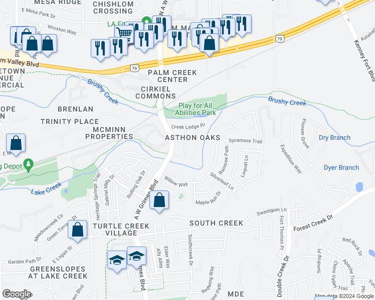 map of restaurants, bars, coffee shops, grocery stores, and more near 313 Creek Ridge Lane in Round Rock