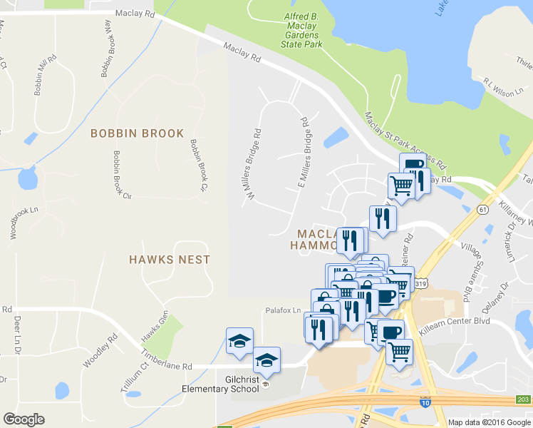 map of restaurants, bars, coffee shops, grocery stores, and more near 3871 West Millers Bridge Road in Tallahassee