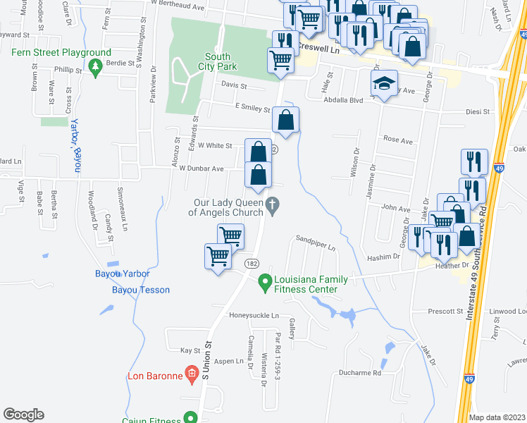 map of restaurants, bars, coffee shops, grocery stores, and more near Route 182 in Opelousas