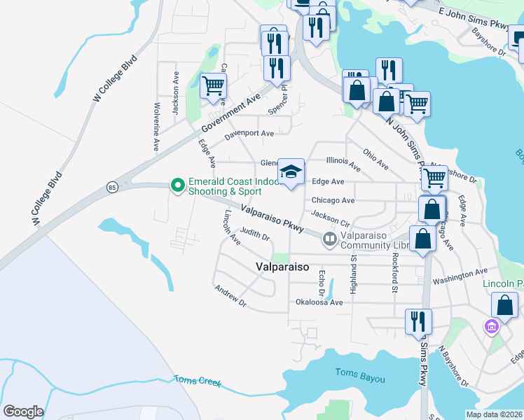 map of restaurants, bars, coffee shops, grocery stores, and more near 526 Valparaiso Parkway in Shalimar