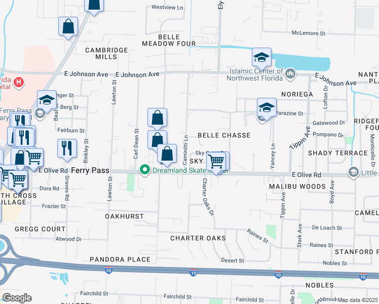 map of restaurants, bars, coffee shops, grocery stores, and more near 8153 Chapperal Drive in Pensacola