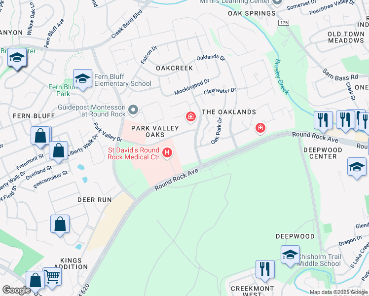 map of restaurants, bars, coffee shops, grocery stores, and more near 401 Oakwood Boulevard in Round Rock