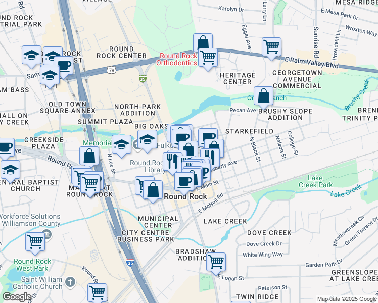 map of restaurants, bars, coffee shops, grocery stores, and more near 202 East Anderson Avenue in Round Rock