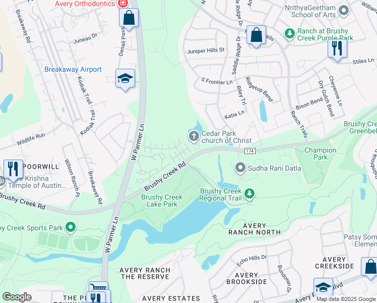 map of restaurants, bars, coffee shops, grocery stores, and more near 11400 West Parmer Lane in Cedar Park
