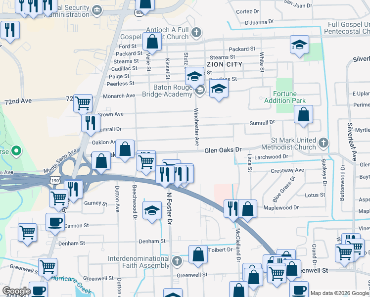 map of restaurants, bars, coffee shops, grocery stores, and more near 5113 Glen Oaks Drive in Baton Rouge