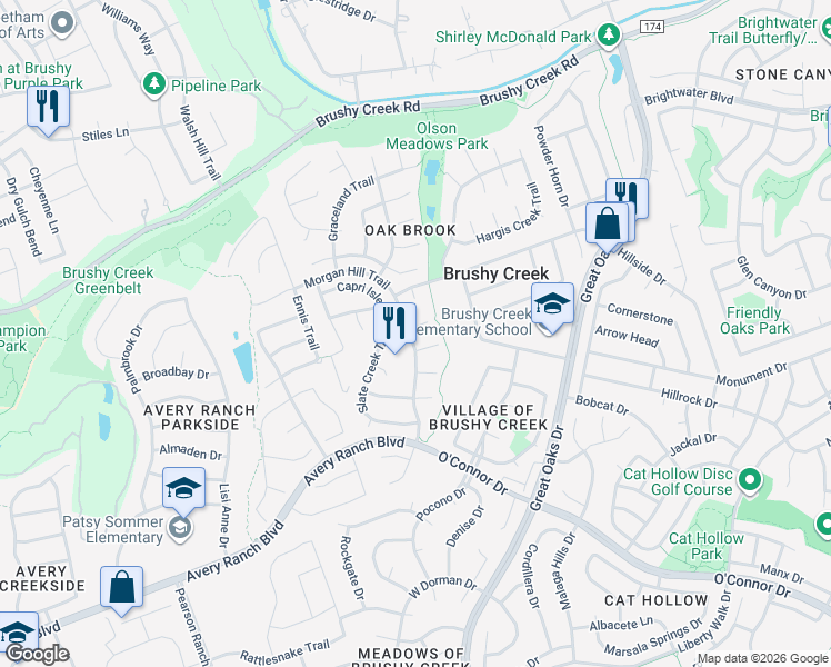 map of restaurants, bars, coffee shops, grocery stores, and more near 9209 Slate Creek Trail in Austin