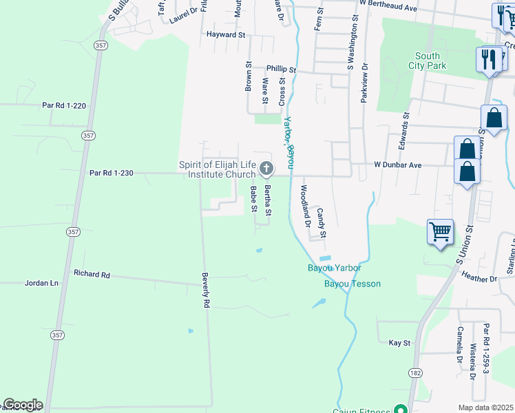 map of restaurants, bars, coffee shops, grocery stores, and more near 2161 Babe Street in Opelousas